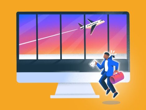 Illustration of computer monitor with traveler and airplane.