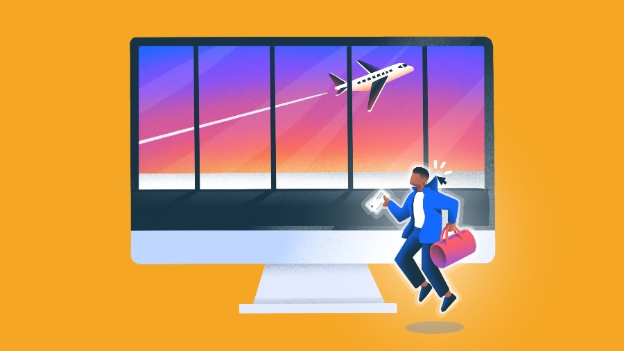 Illustration of computer monitor with traveler and airplane.