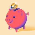 Illustration of founder dropping a rocket coin into piggy bank