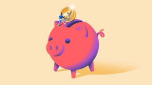 Illustration of founder dropping a rocket coin into piggy bank