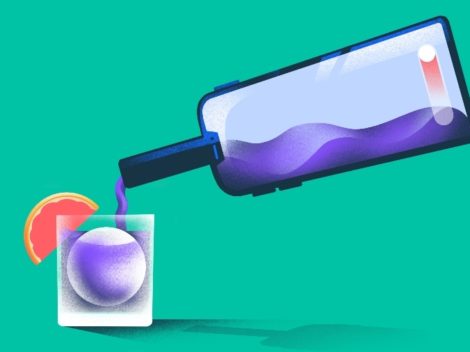 Illustration of liquor being poured from a smartphone-shaped bottle