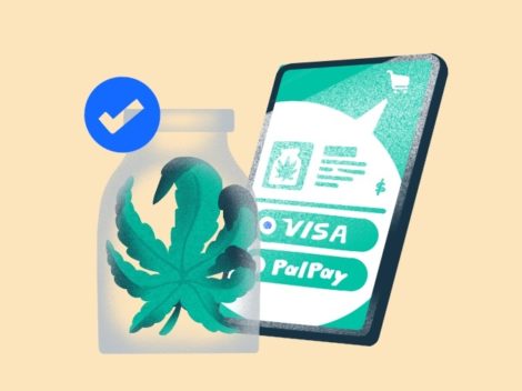 Illustration of cannabis in a jar and payment via smartphone.