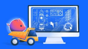 Illustration of piggy bank in back of dump truck looking at schematics on computer.