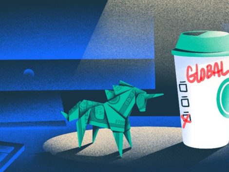 Illustration of money origami unicorn with go-coffee-Global. [Dom Guzman]