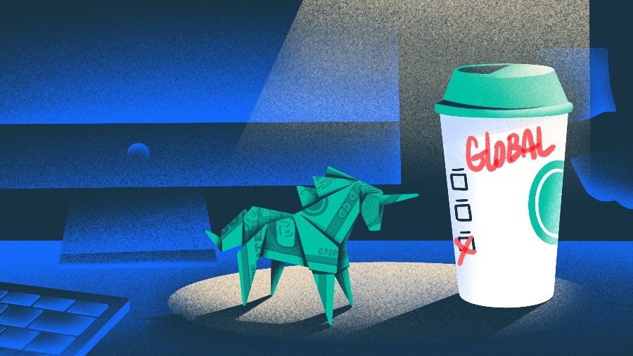 Illustration of money origami unicorn with go-coffee-Global. [Dom Guzman]