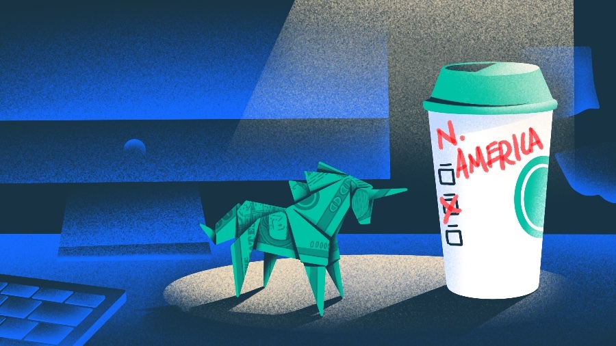 Illustration of money origami unicorn with go-coffee-N. America. [Dom Guzman]