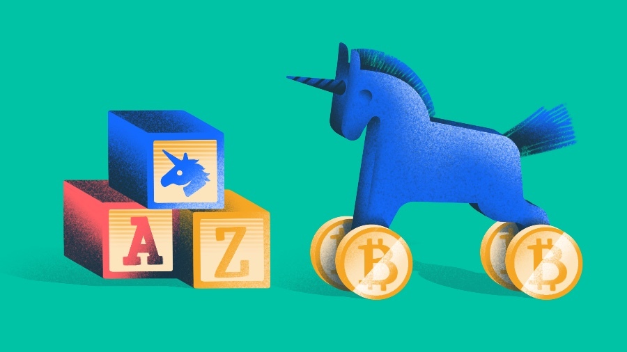 Andreessen Horowitz -toy unicorn with Bitcoin wheels