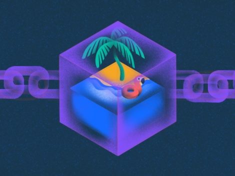 Illustration of blockchain with palm tree and flamingo float.