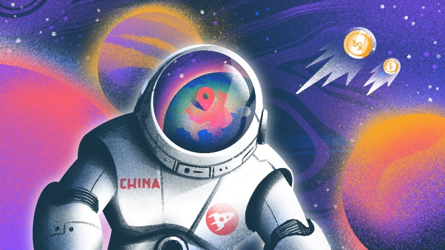 Illustration of astronaut with earth reflection-China. [Dom Guzman]