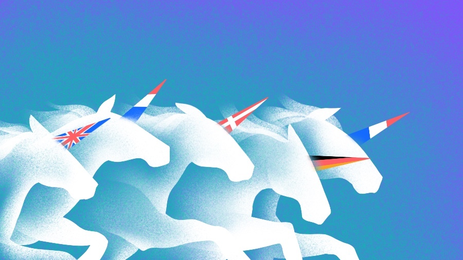 Illustration of unicorns with European flag-decorated horns.