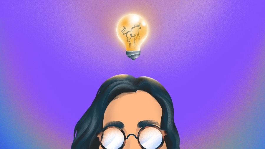 Illustration of woman's head with a unicorn lightbulb "Idea."