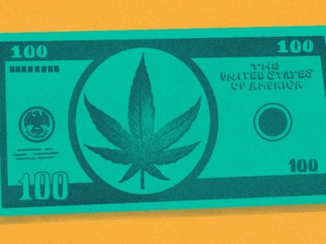 Illustration of $100 bill with Cannabis plant art