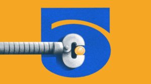 Illustration of a robot arm/wrench turning a nut in the middle of the number 5.