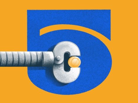 Illustration of a robot arm/wrench turning a nut in the middle of the number 5.