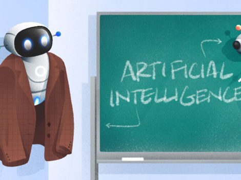 Illustration of robots at chalkboard-Artificial Intelligence