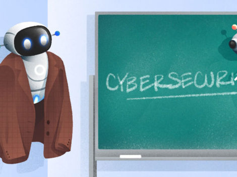 Illustration of robots at chalkboard-Cybersecurity