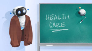 Illustration of robots at chalkboard-Health Care