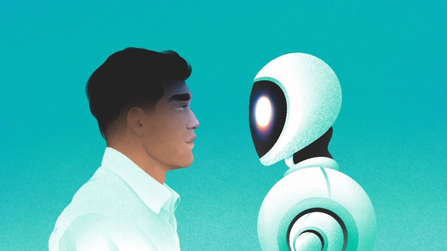 Illustration of man and robot looking at each other. [Dom Guzman]