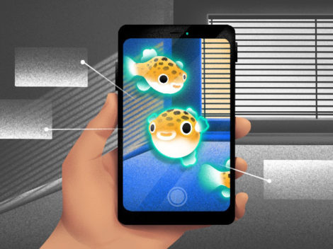 Illustration of smartphone with AR fish.