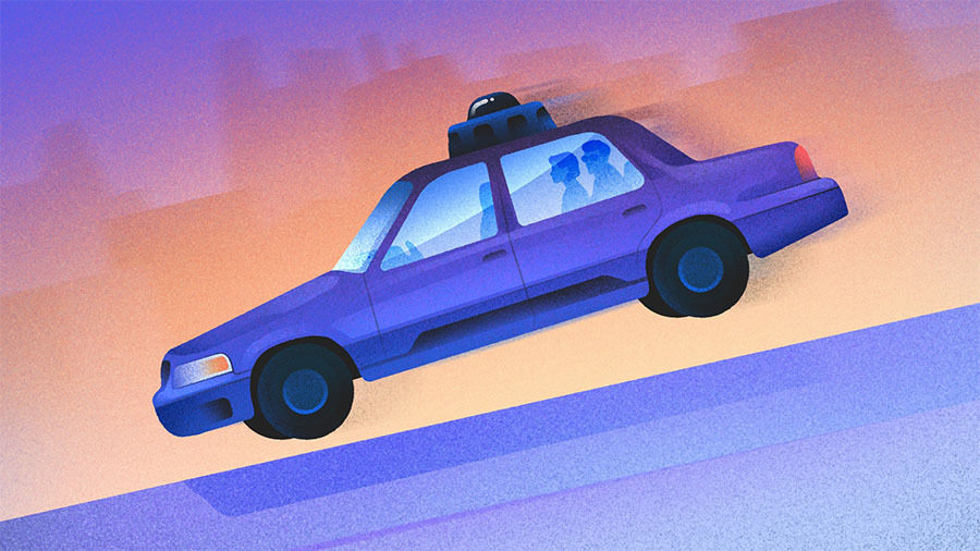 Illustration of self-driving auto with passengers.