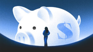 Illustration of a giant piggybank with a woman looking at it.