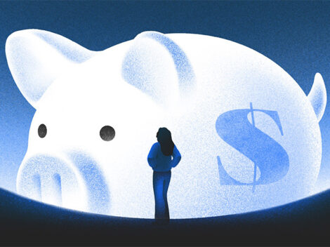 Illustration of a giant piggybank with a woman looking at it.