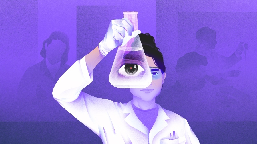 Illustration of lab worker looking through beeker