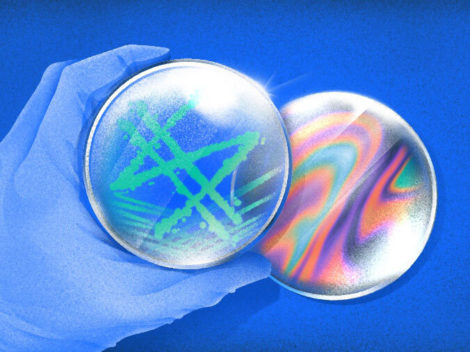 Illustration of petri dish with psychedelic dollar sign and swirls.