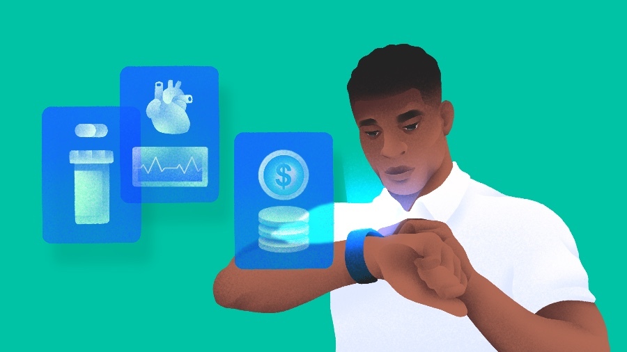 Illustration of Black man looking at connected watch.