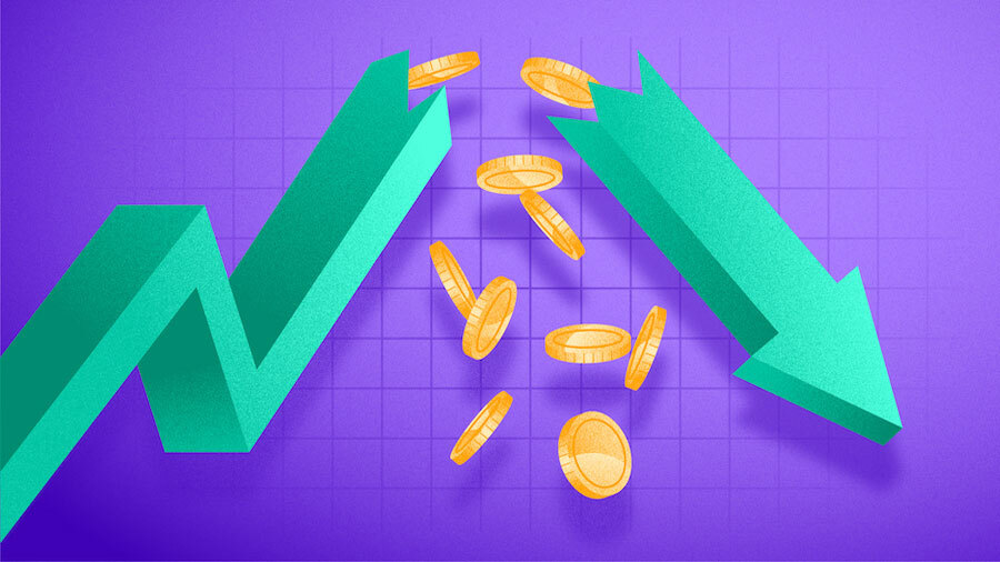 Illustration of broken graph arrow spilling coins.