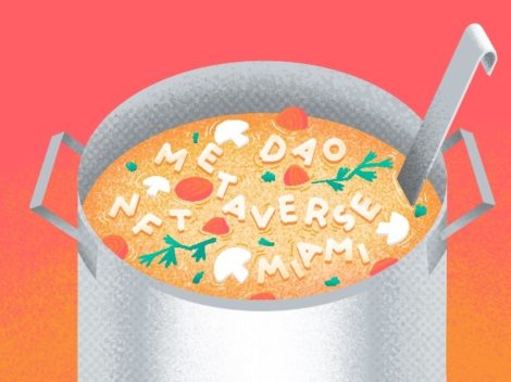 Illustration of pot of alphabet soup with Metaverse spelled out.