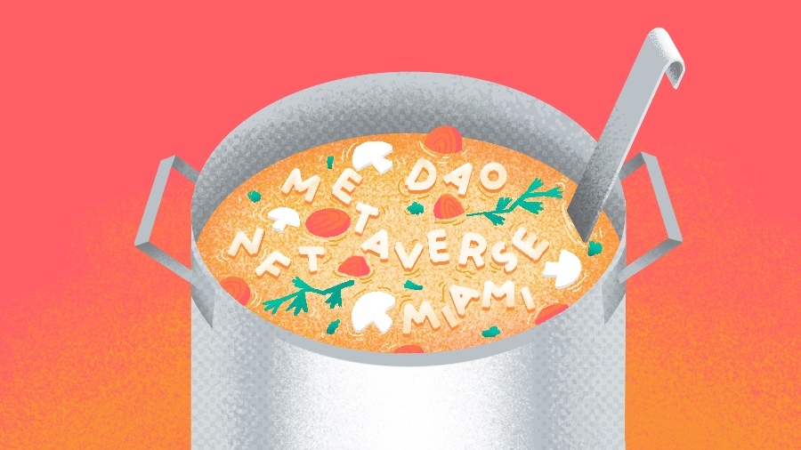 Illustration of pot of alphabet soup with Metaverse spelled out.