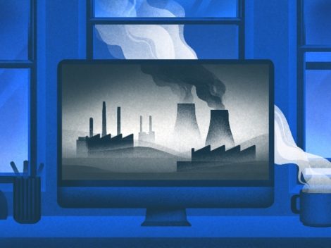 Illustration of nuclear plant on computer desktop
