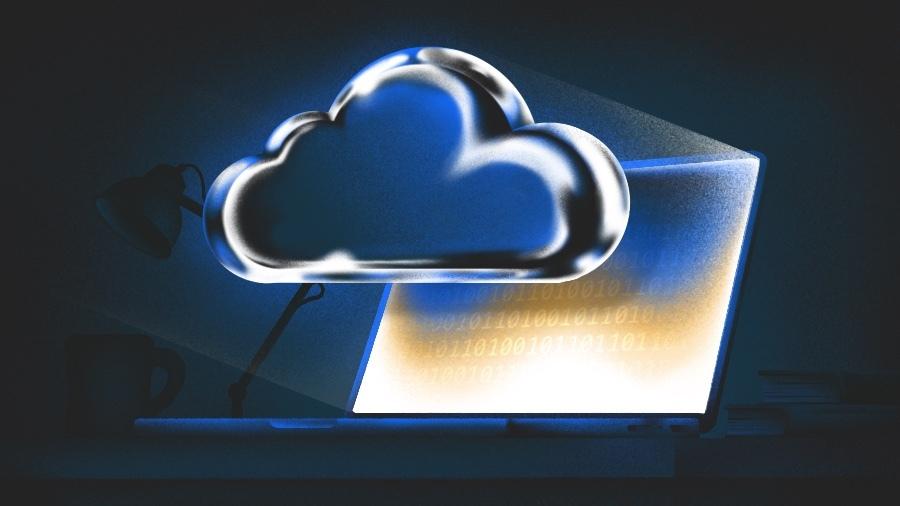 Illustration of cloud hovering over computer.