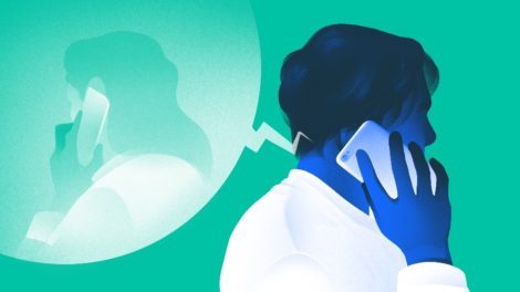 Illustration of man having conversation via smartphone.
