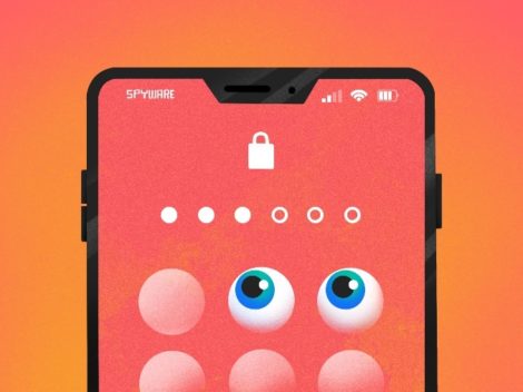 Illustration of smartphone spying on its owner.