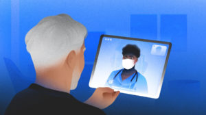 Illustration of doctor/patient on virtual appointment.