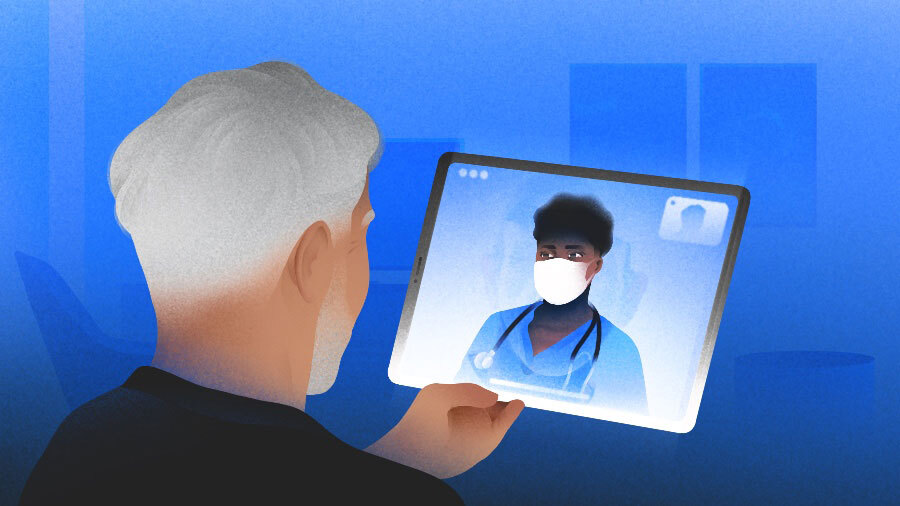 Illustration of doctor/patient on virtual appointment.