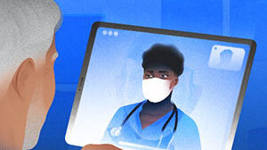 Illustration of doctor/patient on virtual appointment.