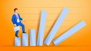 Illustration of businessman climbing falling graph lines-orange.