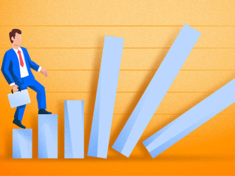 Illustration of businessman climbing falling graph lines-orange.