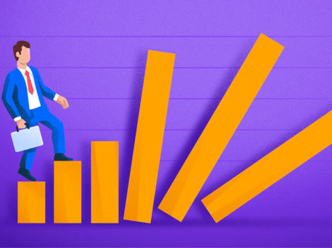 Illustration of businessman climbing falling graph lines-purple.