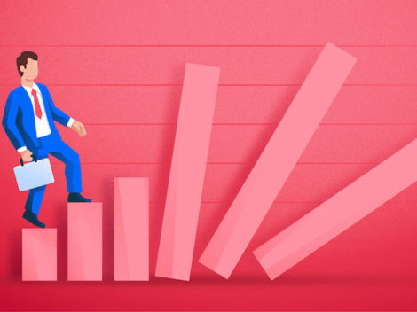 Illustration of businessman climbing falling graph lines-red.