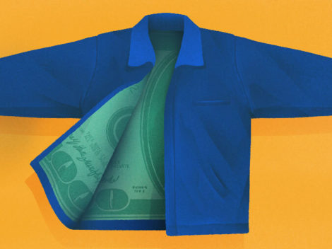 Illustration of Jacket with $100 bill lining.