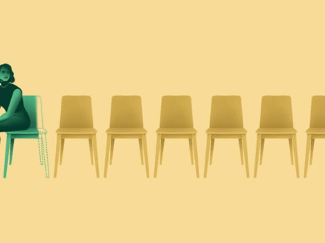Illustration of woman seated in a row of empty chairs.