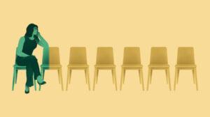 Illustration of a woman sitting in a row of empty chairs.