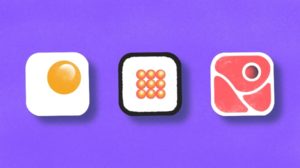 Illustration of cultured-food app icons. Egg, sushi(?) and meat.