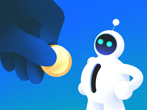 Illustration of a hand depositing a coin in a bot. AI funding [Dom Guzman]