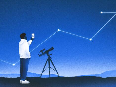 Illustration of man and telescope looking at the stars shaped in an up arrow.