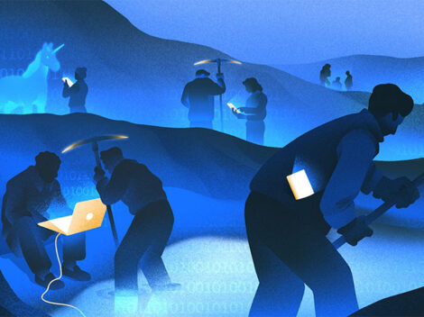 Illustration depicting a 21st-century twist on a gold rush scene — investors with pickaxes and laptops panning for “startups” in a stream of glowing code. Landscape includes accelerators, unicorns and term sheets.